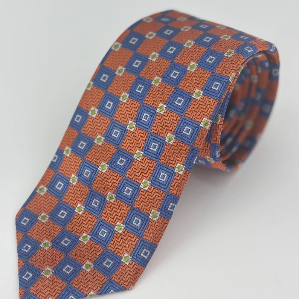 Robert Talbott best in class blue orange silk tie USA vintage 90s UF geometric